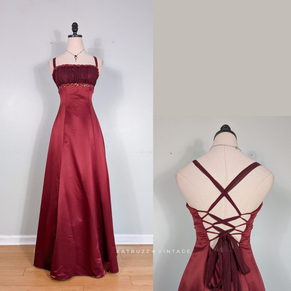 Vintage Prom Dress Maxi Gown XS Red Corset Goth Princess Babydoll Empire 90S Y2K